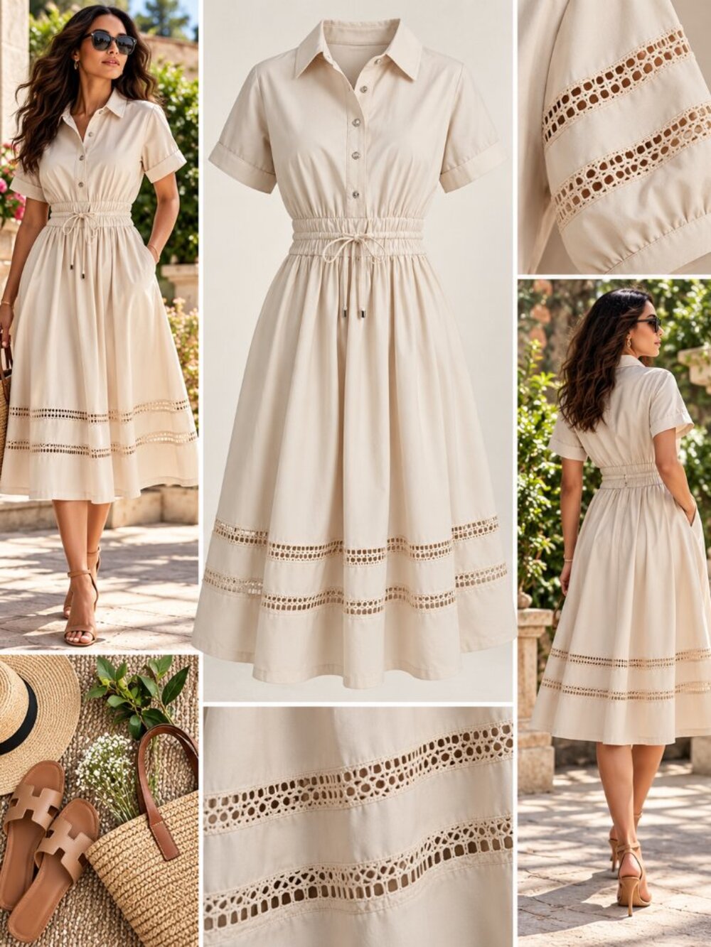 DKNY Belted Drawstring Waist Eyelet Midi Shirtdress Light Khaki Size 14 NWT